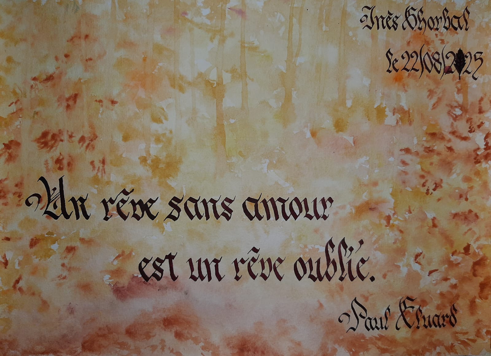 Calligraphie sur aquarelle paul eluard