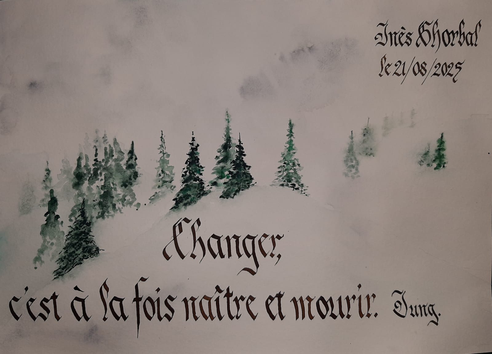 Calligraphie sur aquarelle jung