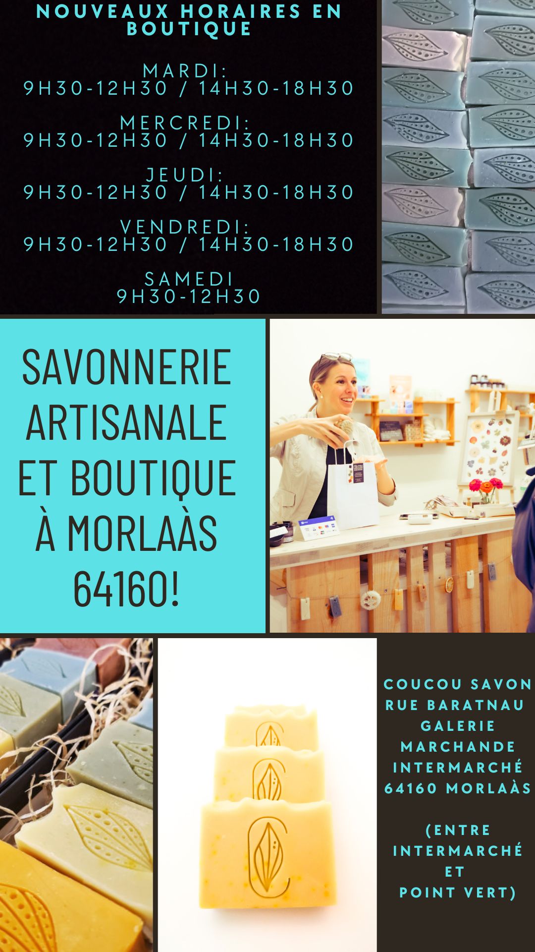 Coucou Bordes 64, savonnerie béarnaise, savon saponifié à froid, coucou savon, savon surgras, savon spiruline, savon saf, coucou savon