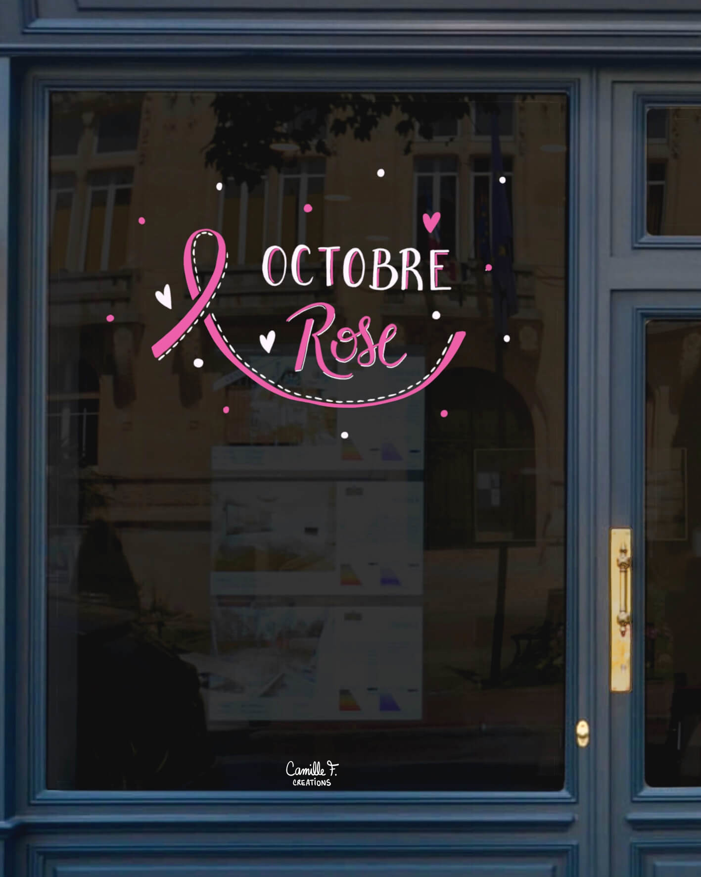 Peinture sur vitrine à Paris ou dans les Yvelines sur le thème Octobre Rose pour sensibiliser au Cancer du Sein.