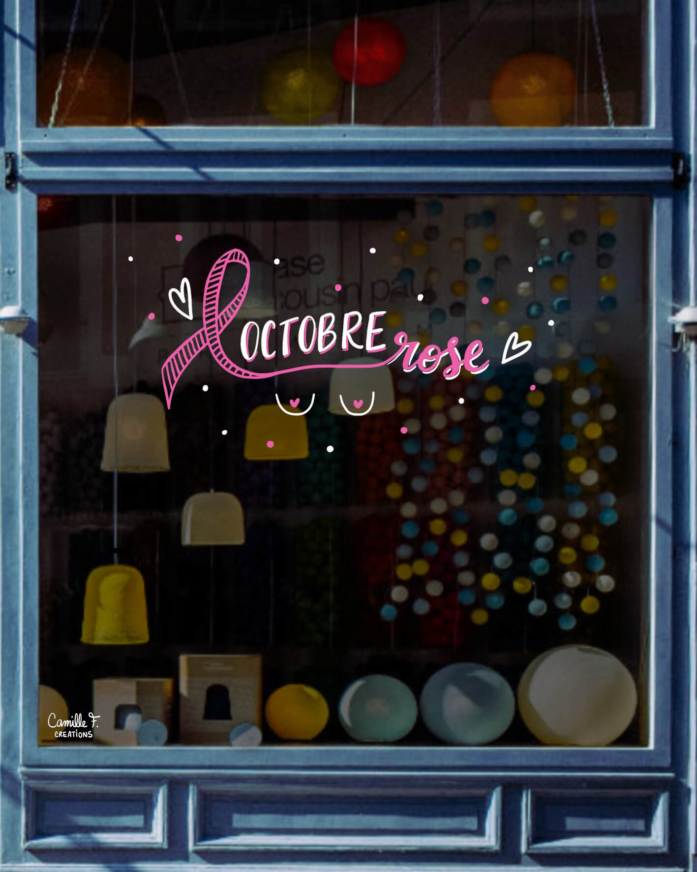 Peinture sur vitrine à Paris ou dans les Yvelines sur le thème Octobre Rose pour sensibiliser au Cancer du Sein.