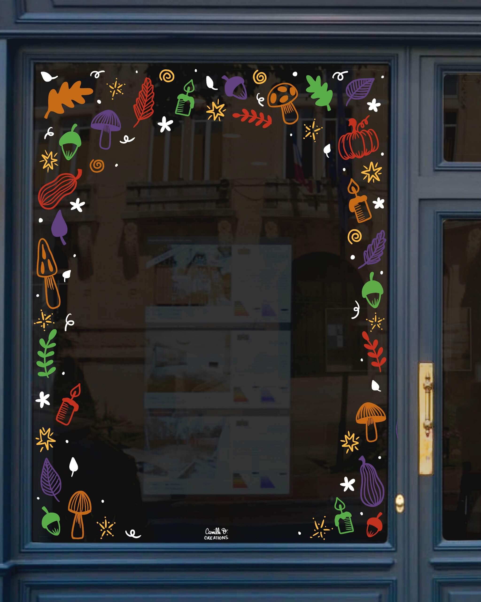 Peinture sur vitrine à Paris ou dans les Yvelines sur le thème de l'automne avec différents motifs colorés : feuilles, champignons, bougies, citrouilles...