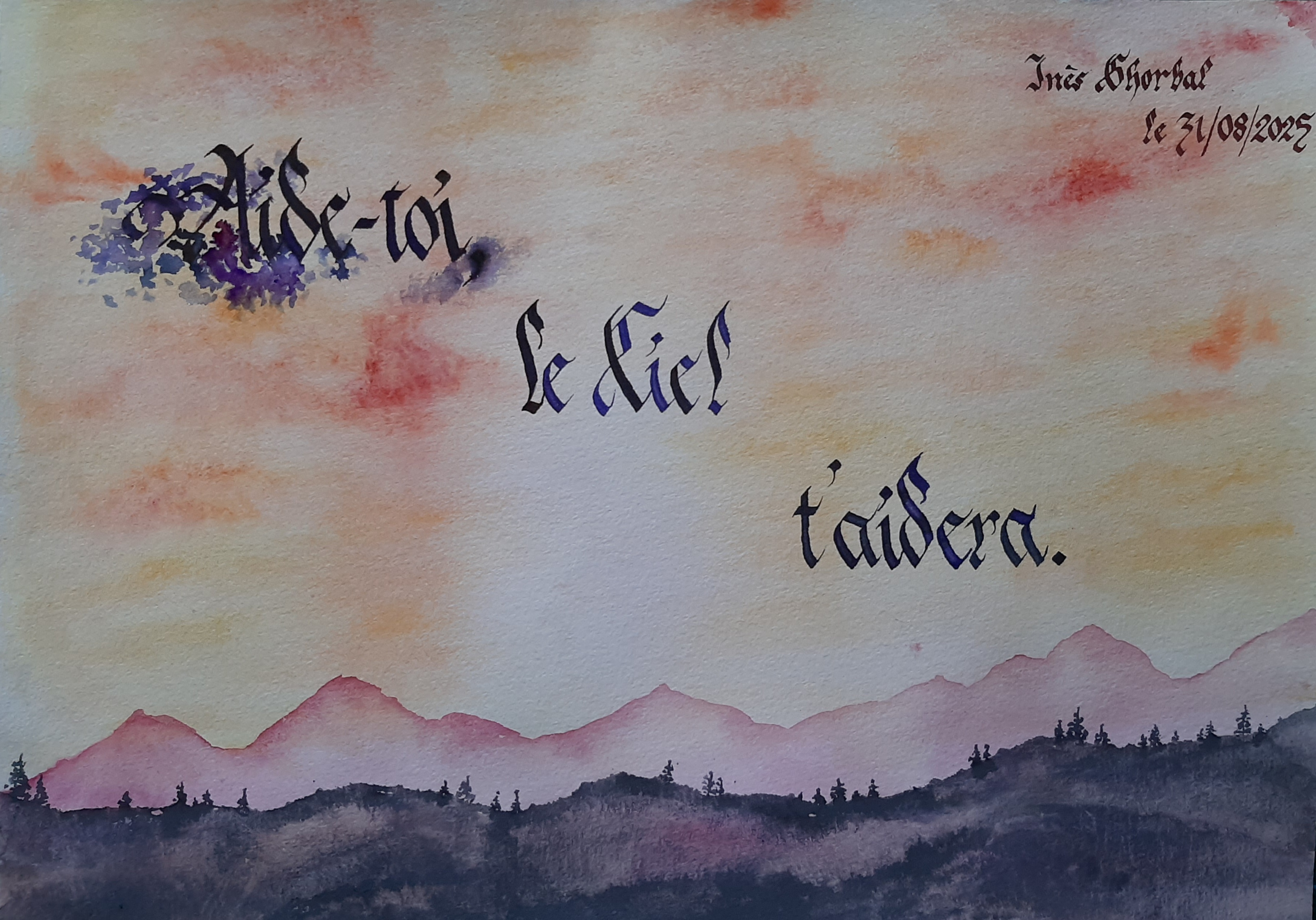 Calligraphie sur aquarelle le ciel t aidera
