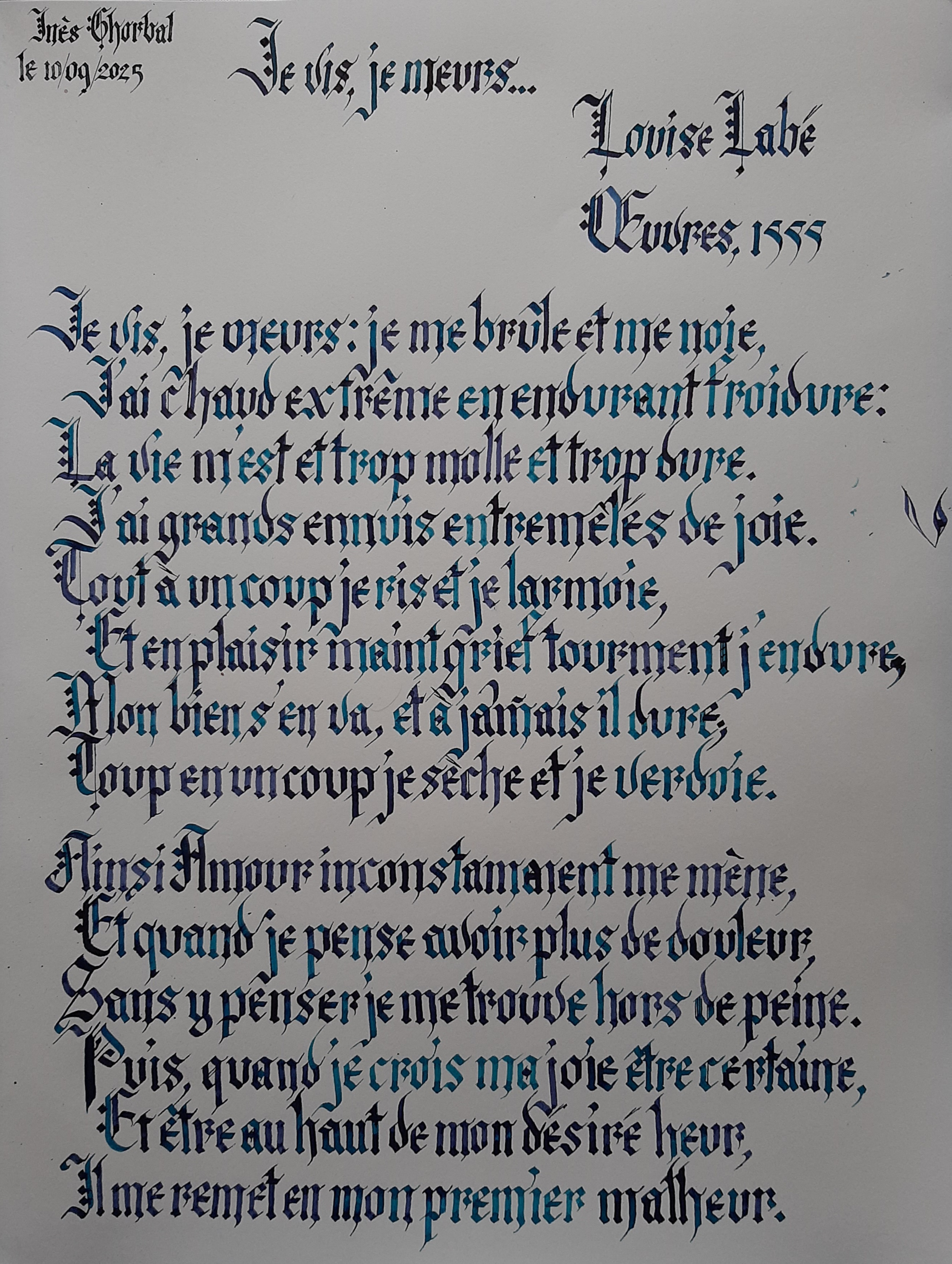 Calligraphie je vis je meurs de louise labe
