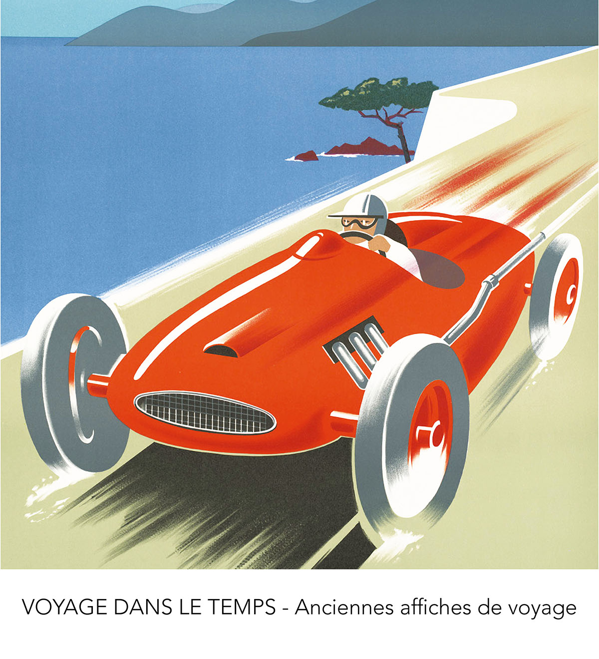 Affiche rétro représentant une voiture de course rouge en mouvement sur une route surplombant la mer Méditerranée, avec les paysages de la Côte d’Azur en arrière-plan, illustration signée Fix-Masseau.