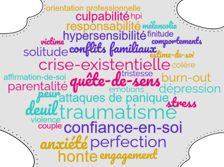 orientation professionnelle, culpabilité, HPI, responsabilité, mélancolie, finitude, hypersensibilité, comportements, victime, solitude, conflits familiaux, estime de soi, colère, crise existentielle, tristesse, quête de sens, burn-out, dépression, affirmation de soi, parentalité, émotions, peur, stress, attaches de paniques, émotions, deuil, violence, traumatisme, confiance en soi, couple, perfection, anxitét, honte engagement