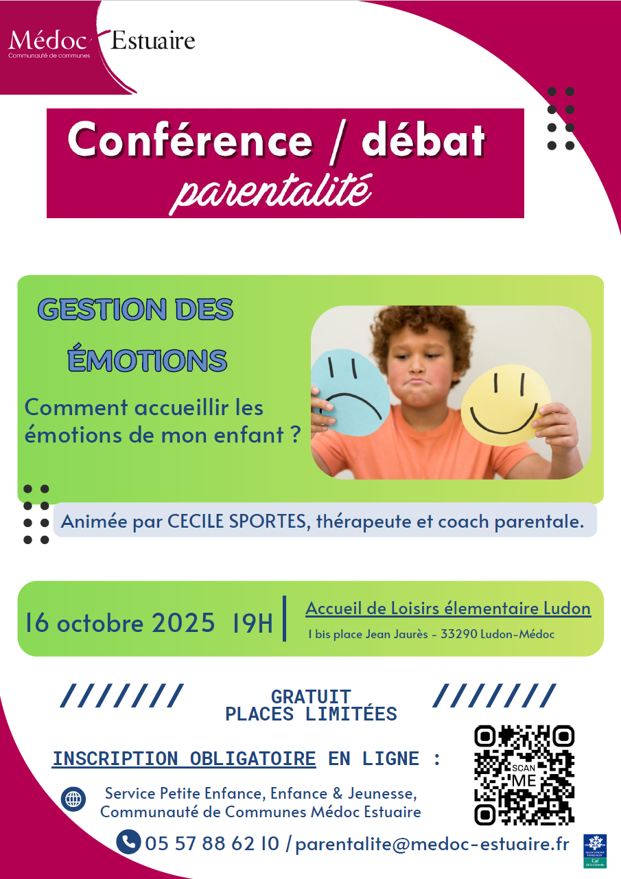 Conférence débat autour de la parentalité par Cécile Sportes, thérapeute et coach. Gestion des Emotions : comment accueillir les émotions de mon enfant ? le 16/10/2025 à Ludon Medoc près de Bordeaux