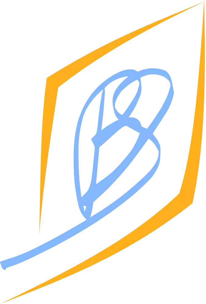 Logo, paraphe composé des iinitiales de l'auteur: Bernard Schless. Couleurs: bleu clair et jaune orangé.
