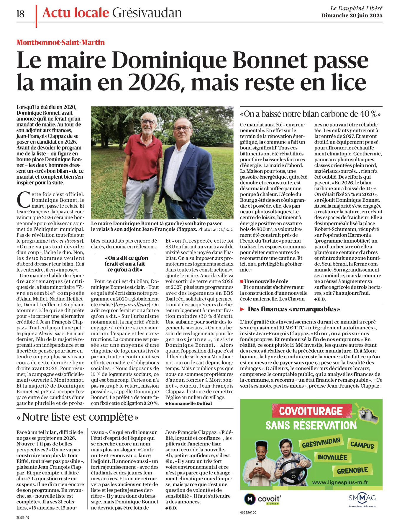 Article du Dauphiné Libéré - on a dit ce qu'on ferait et on a fait ce qu'on a dit. A Montbonnot Saint-Martin, Dominique Bonnet passe le relais à  Jean-François Clappaz. 