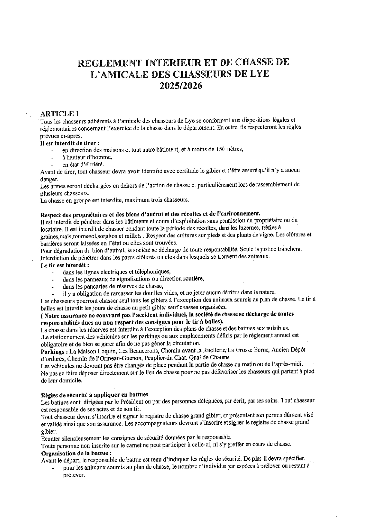 Lye reglement interieur chasse