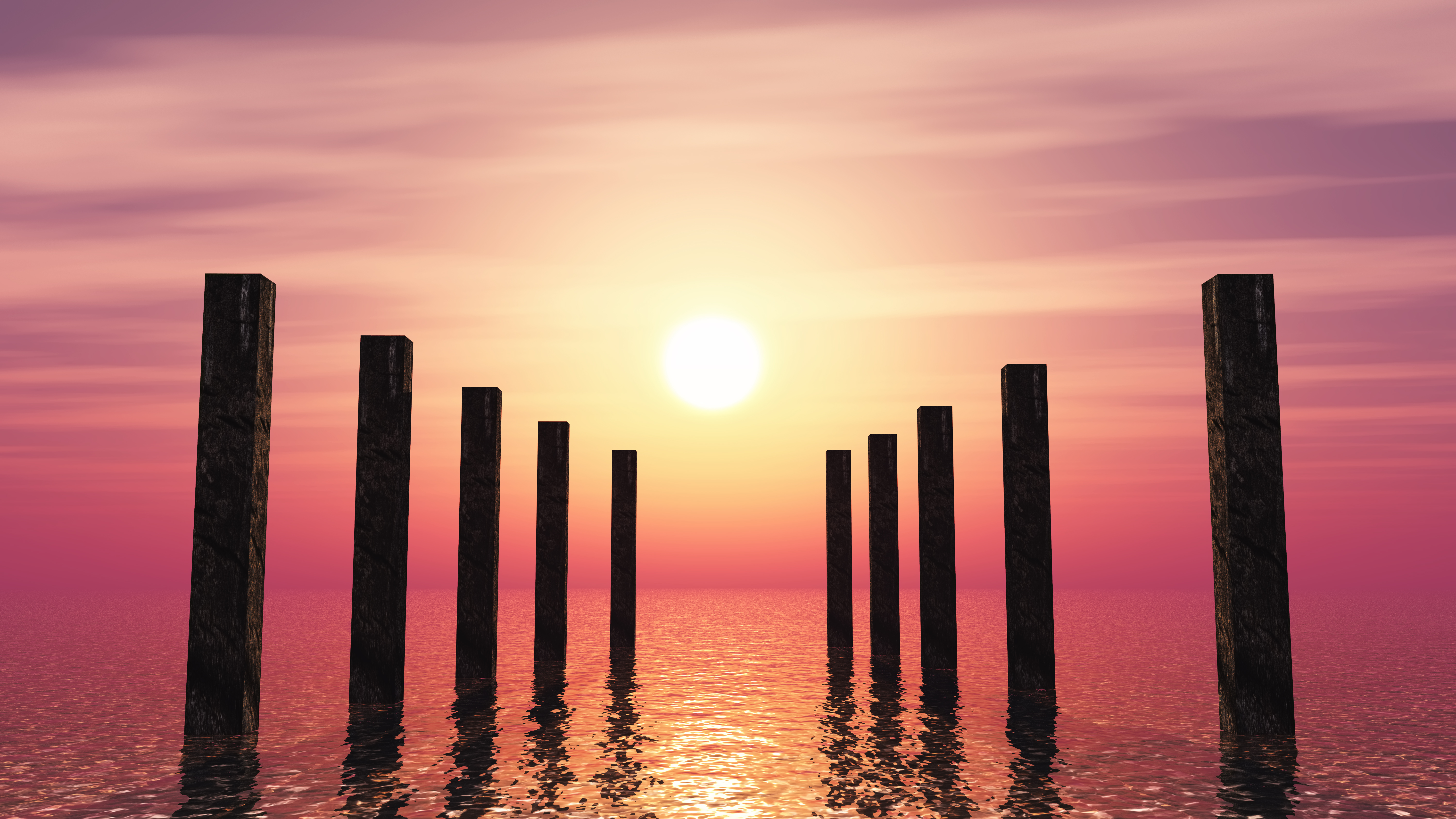 Poteaux-en-bois-3d-dans-l-ocean-avec-un-ciel-de-coucher-de-soleil