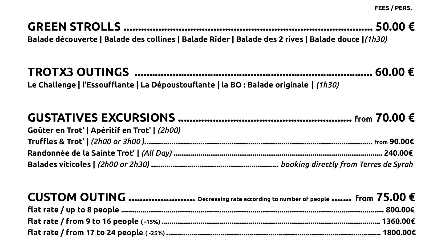Prices 2025 - Trot Trot Trot