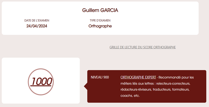 Score de 1000/1000 obtenu par Guillem au Certificat Voltaire