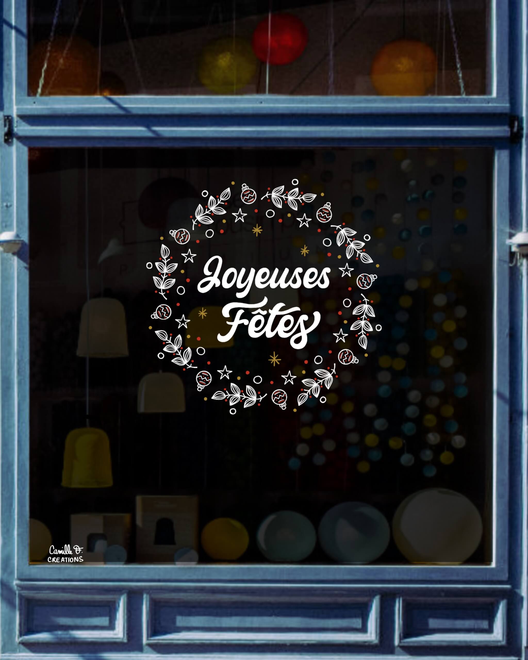 Peinture sur vitrine à Paris ou dans les Yvelines sur le thème de Noël : Couronne de Noël, joyeuses fêtes