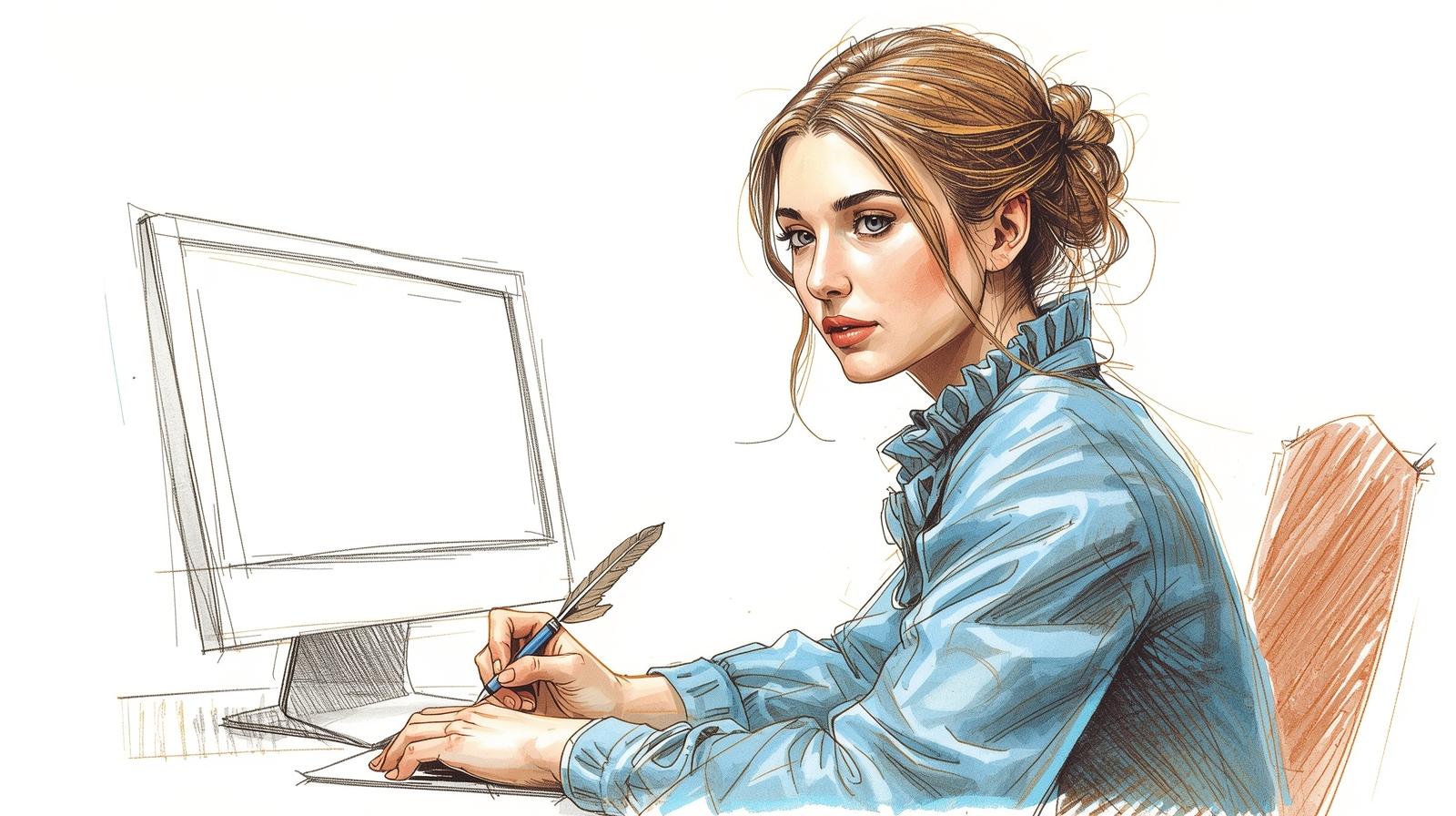 Un-ecrivaine-femme-en-bleu-avec-une-plume-devant-son-ordinateur-sans-fond