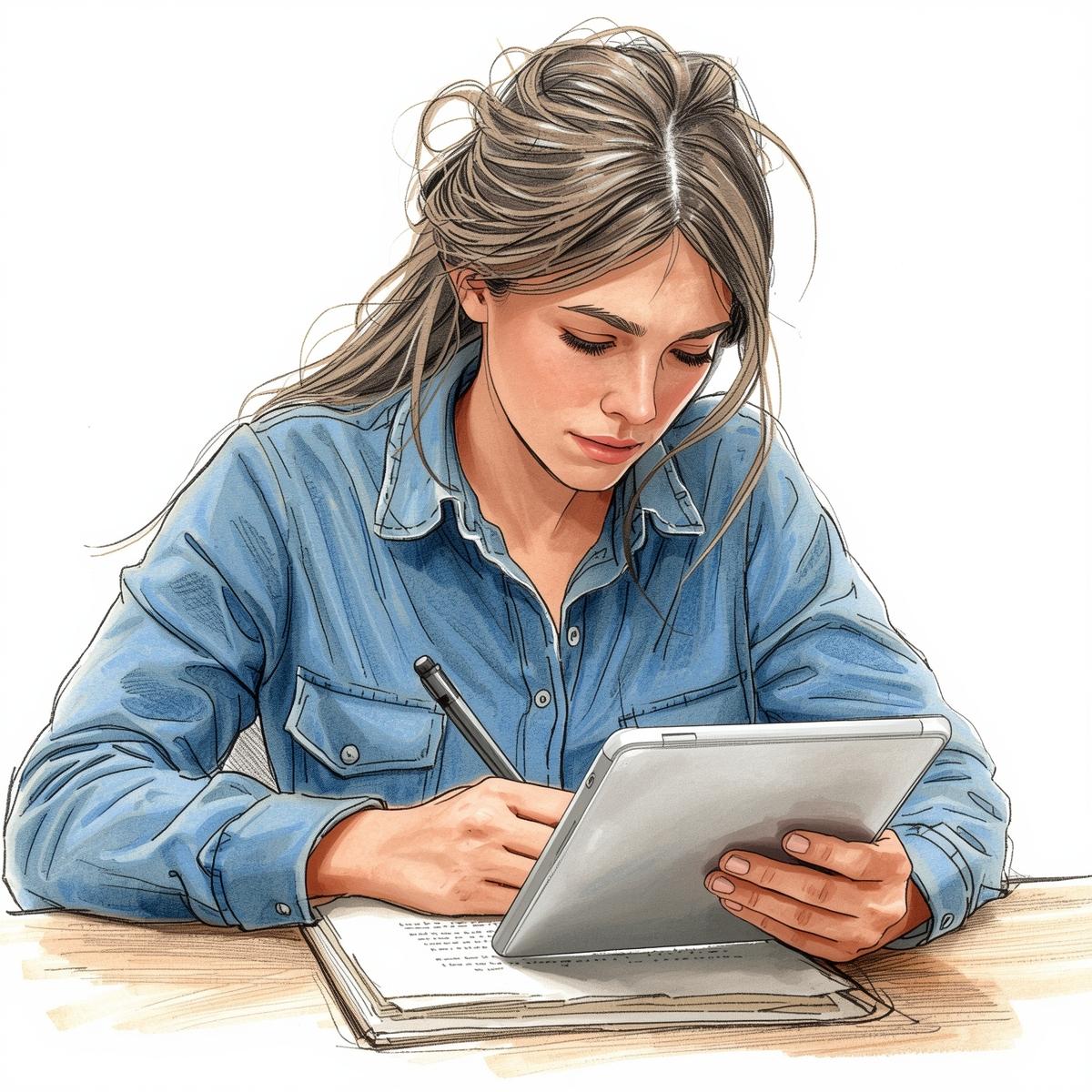 Une-ecrivaine-en-bleu-envoi-son-tapuscrit-sur-sa-tablette