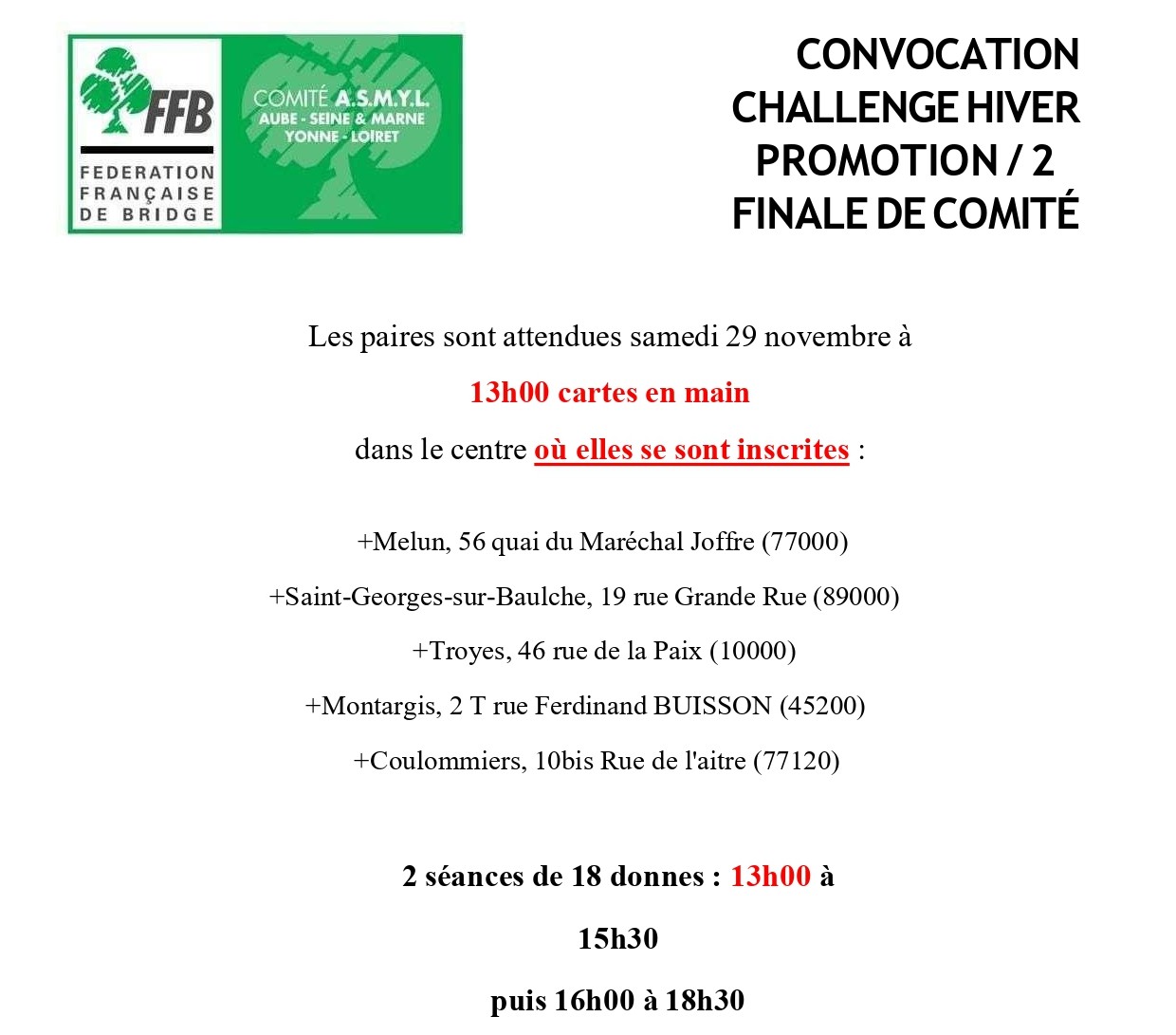 CONVOCATION F.C. CHALLENGE HIVER  PROMOTION /2