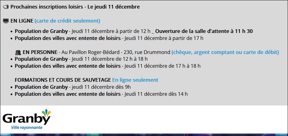 GRANBY MULTI-SPORTS INSCRIPTIONS JEUDI 11 décembre 2025 pour la session Hiver 2026 

