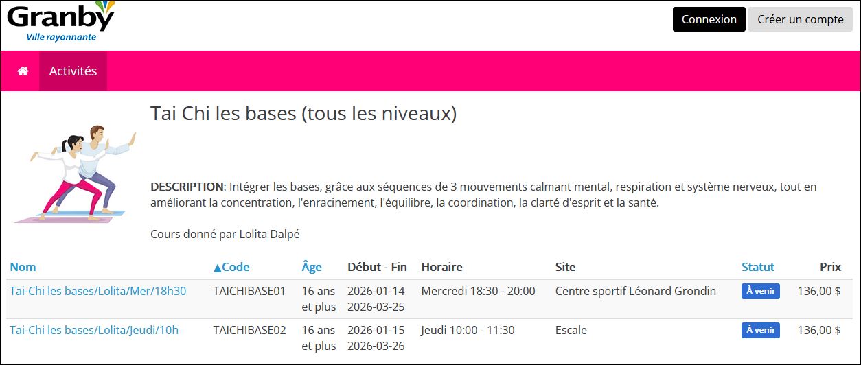 Tai-chi style Yang les bases Hiver 2026 Granby répétition de s.quences de mouvements pour calmer mental apaiser système nerveux améliorer équilibre clarté d'esprit et santé globale