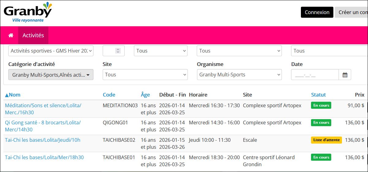 GRANBY HIVER 2026 cours loisirs
Tai-chi, Qi gong santé, Méditation
Mercredi 14h30 Mercredi 16h30 Mercredi 18h30 Jeudi 10h00
