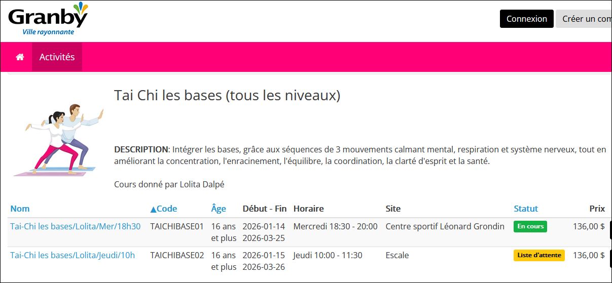 GRANBY HIVER 2026 ARENA SALLE C MERCREDI 18h30 à 20h00 
TAI-CHI YANG LES BASES 