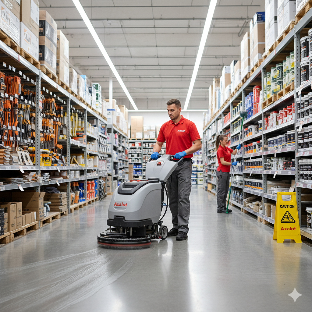 Nettoyage de supermarché en Moselle par Axalot : lavage des sols à l'autolaveuse et désinfection des rayons. Hygiène pro pour la grande distribution et sécurité des clients.