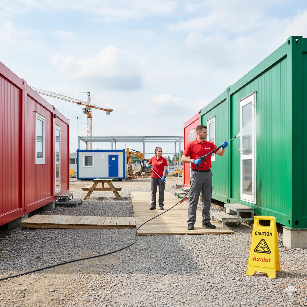 Nettoyage de base vie à Boulay-Moselle par Axalot : entretien des bungalows, vestiaires et réfectoires. Hygiène garantie pour vos équipes sur chantier.
