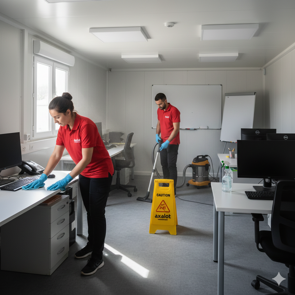 Désinfection de bungalows par Axalot : bionettoyage des bases-vie, réfectoires et vestiaires BTP en Moselle. Solution propreté pour vos chantiers.