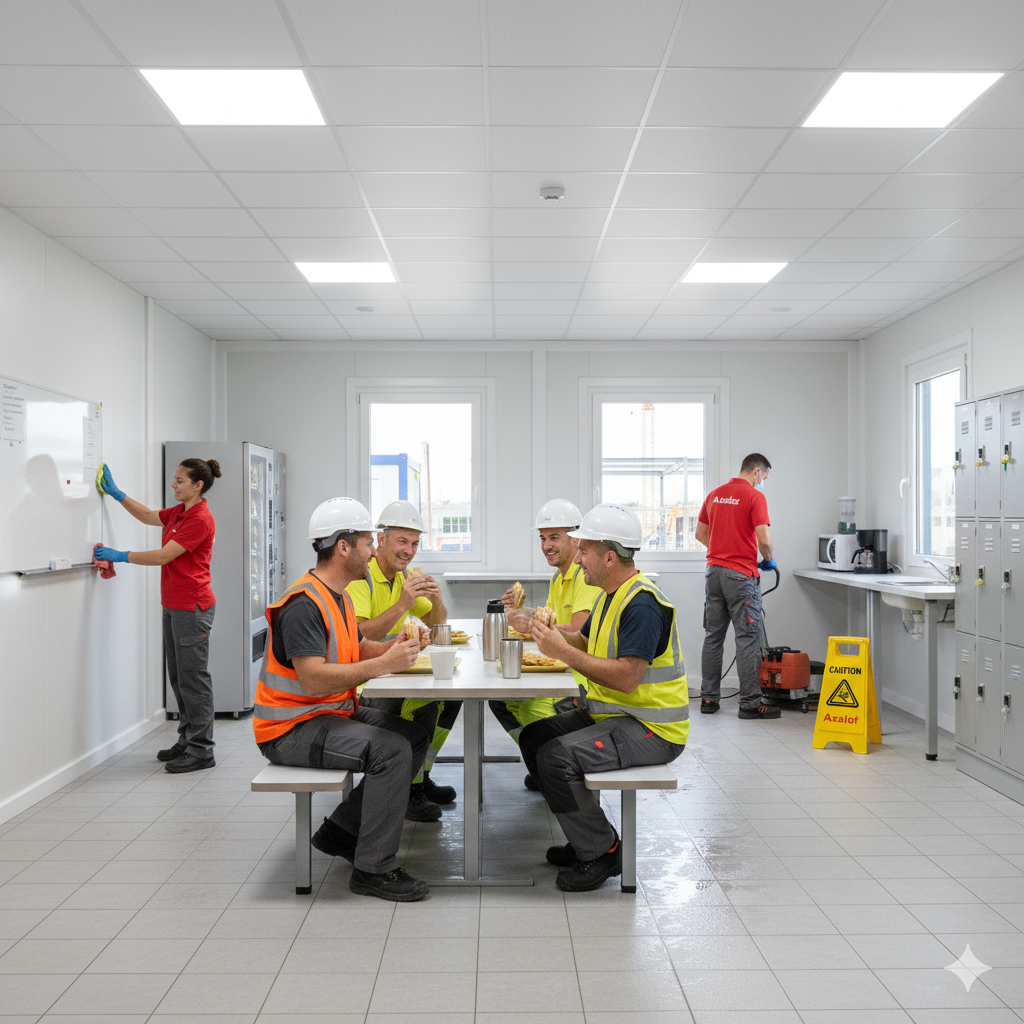 Nettoyage de bungalows de chantier en Moselle par Axalot : hygiène des bases vie, sanitaires et réfectoires. Garantissez le confort et la santé de vos équipes sur vos chantiers.