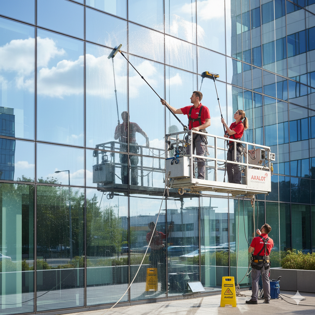 Lavage de vitres eau pure à Briey par Axalot : nettoyage toute hauteur sans traces et écologique. La solution idéale pour vos vitrages difficiles et façades