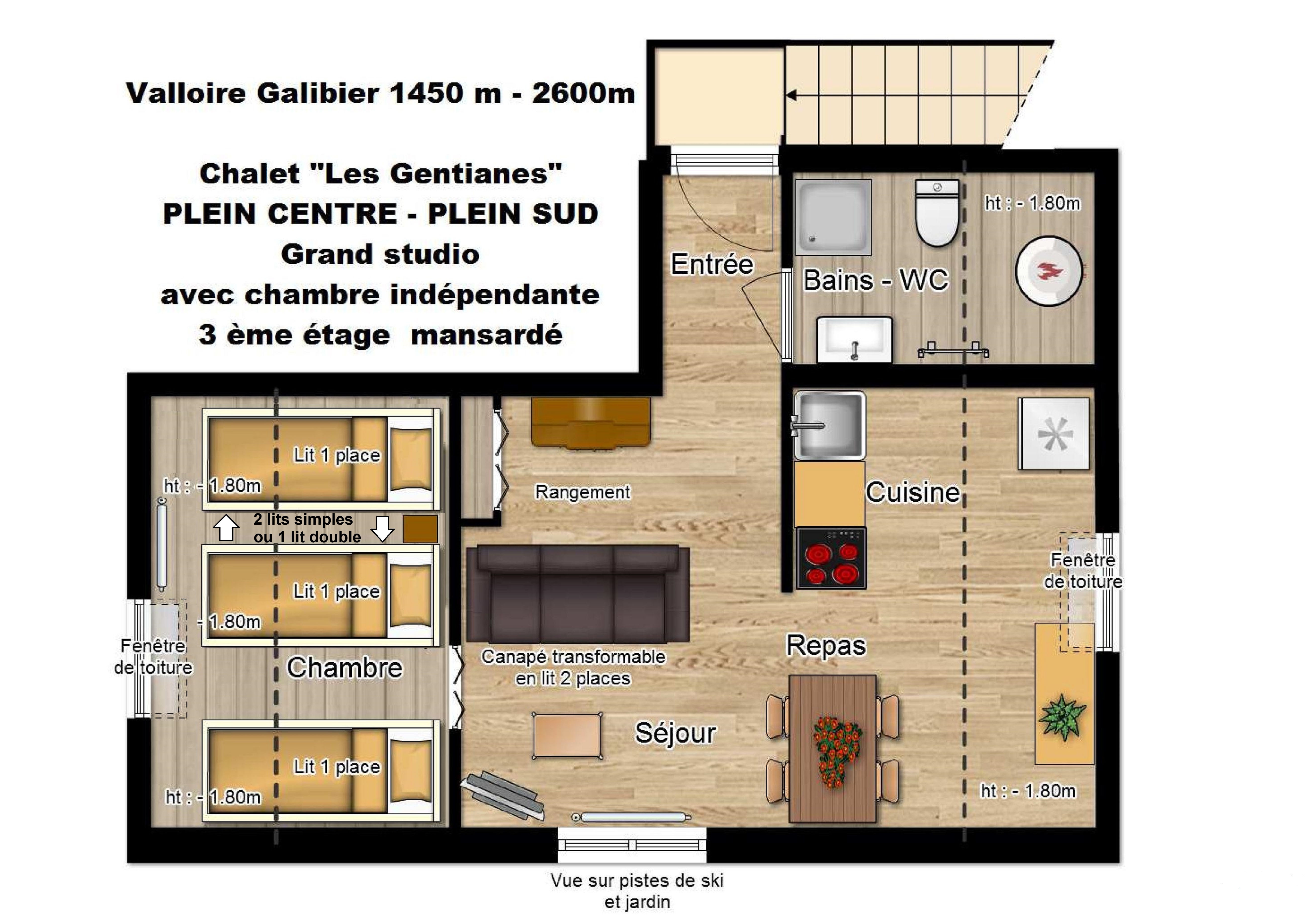 Plan studio agrandi 3 lits simples