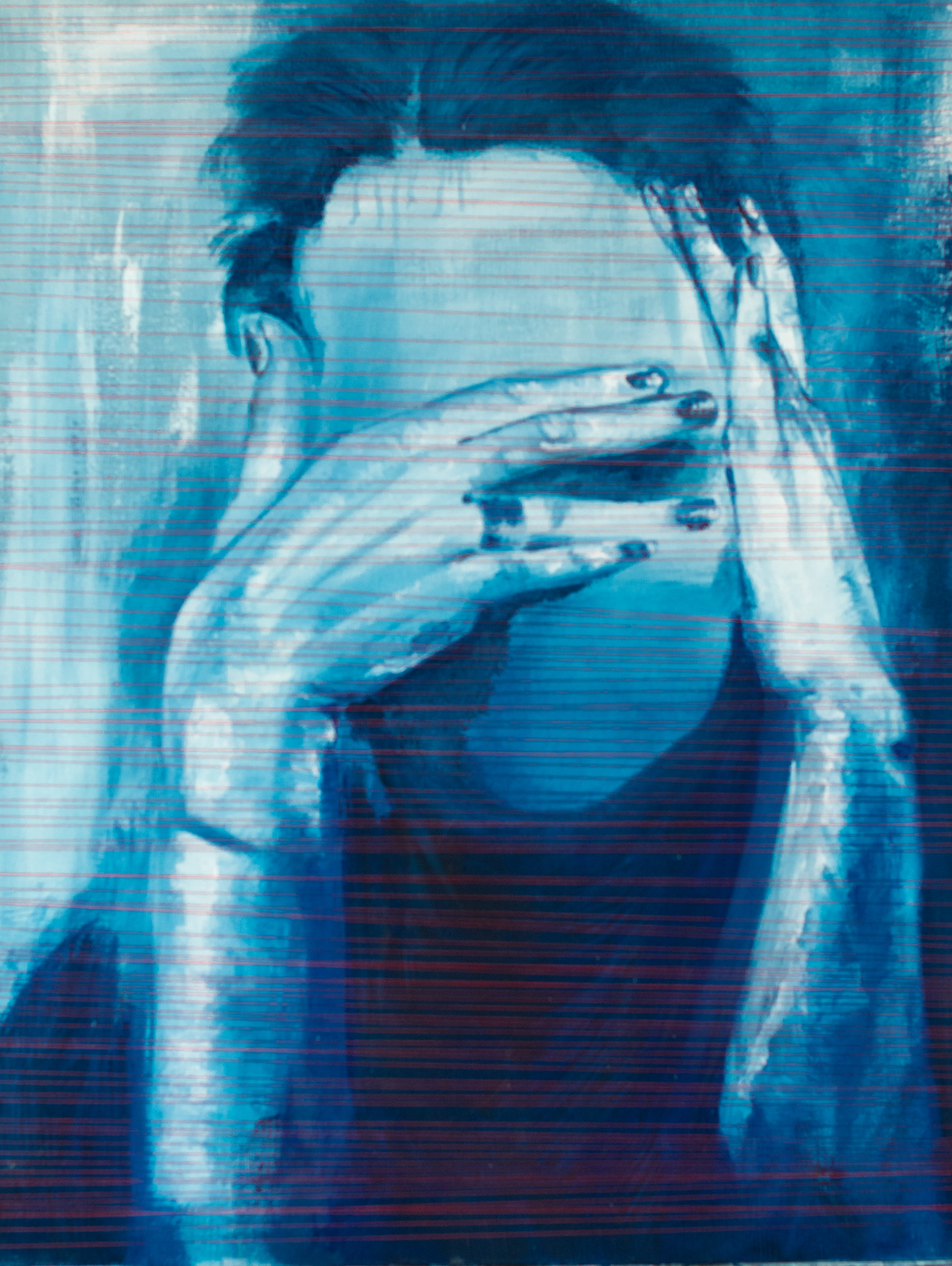 Peinture huile sur toile bleus de Prusse et indigos. Autoportrait aux mains.