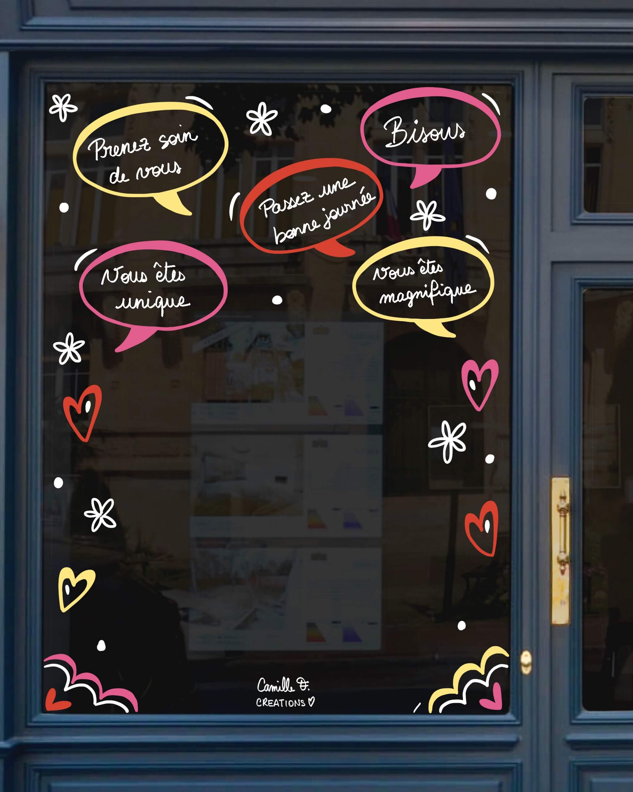 Peinture sur vitrine dans les Yvelines ou à Paris pour la Saint-Valentin, représentant des mots doux à distribuer !
 