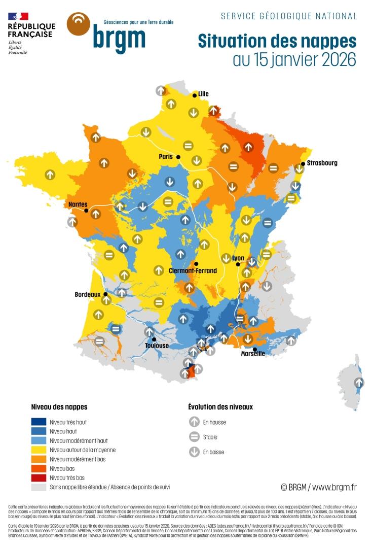 Situation des nappes au 15 janvier 2026 (source BRGM)
