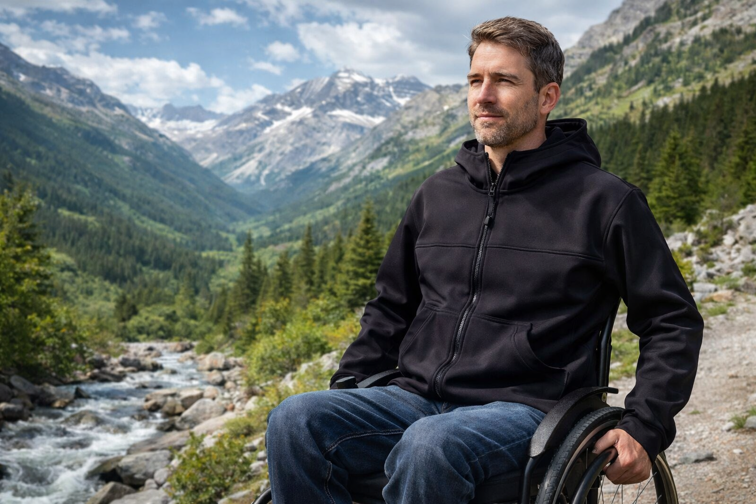 Homme tranquille face aux montagnes