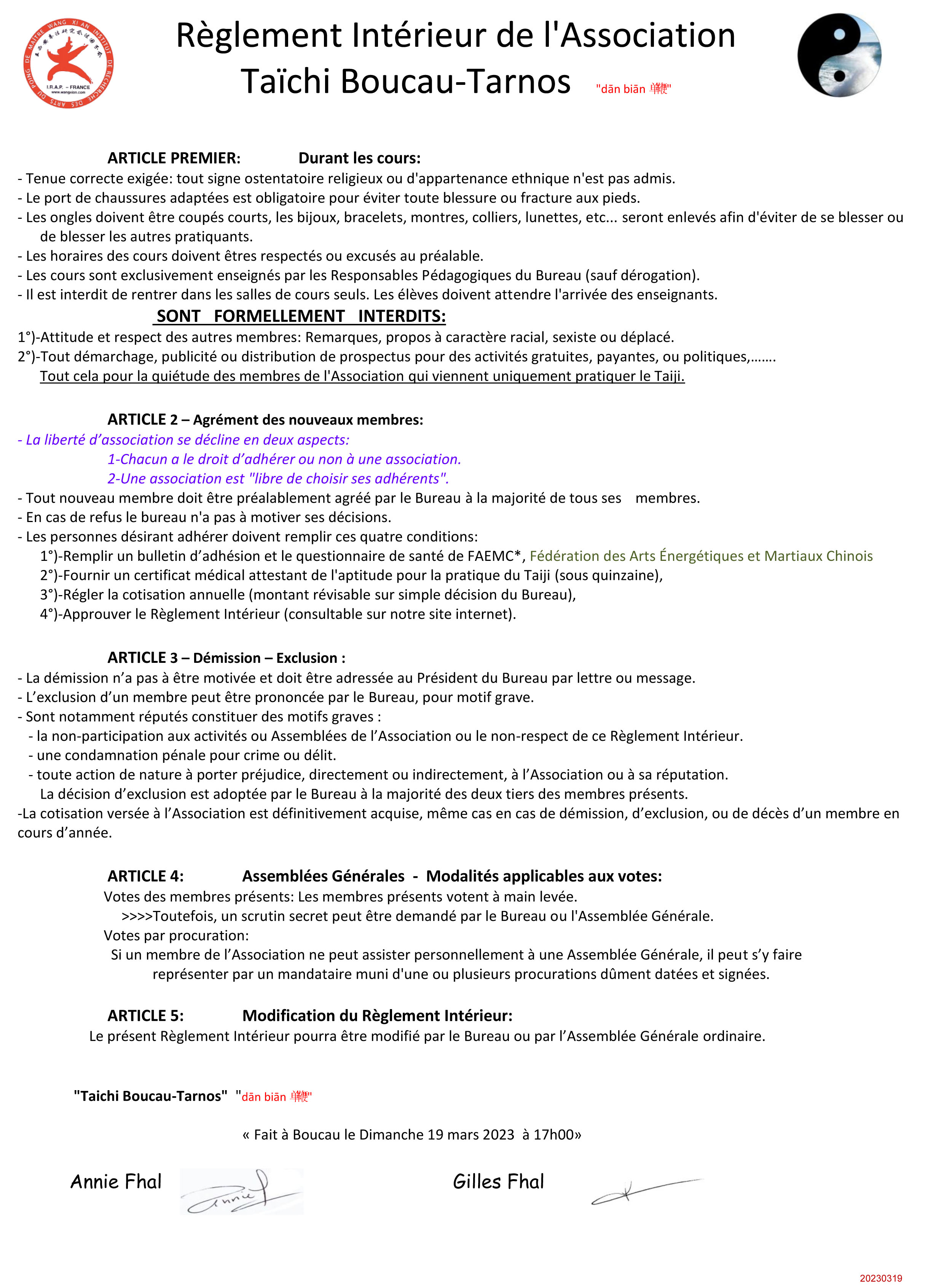Reglement Interieur Taichi -Boucau