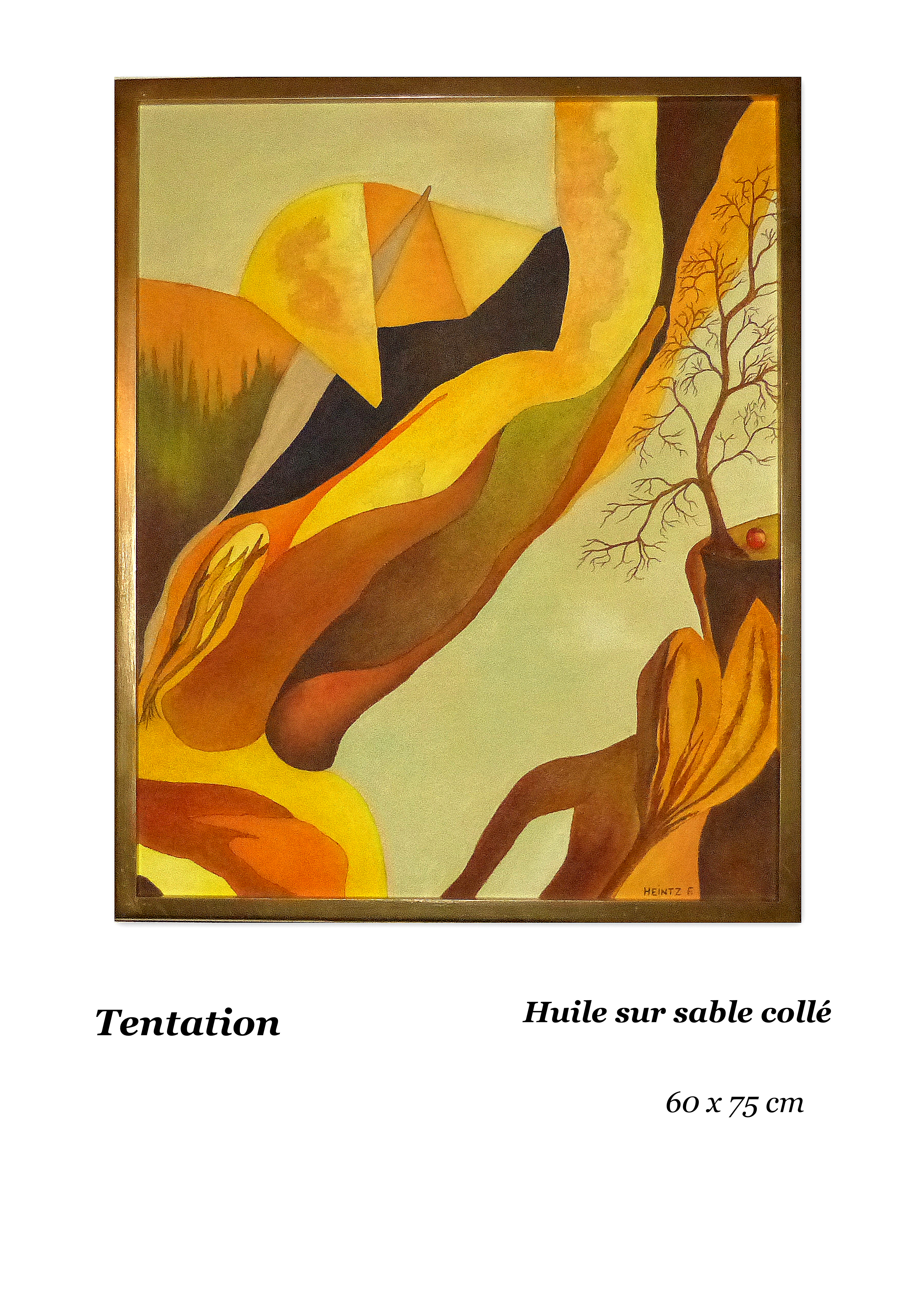 Composition d'éléments végétaux. Couleurs dominantes: jaune et brun. Fond gris clair. Tableau lumineux