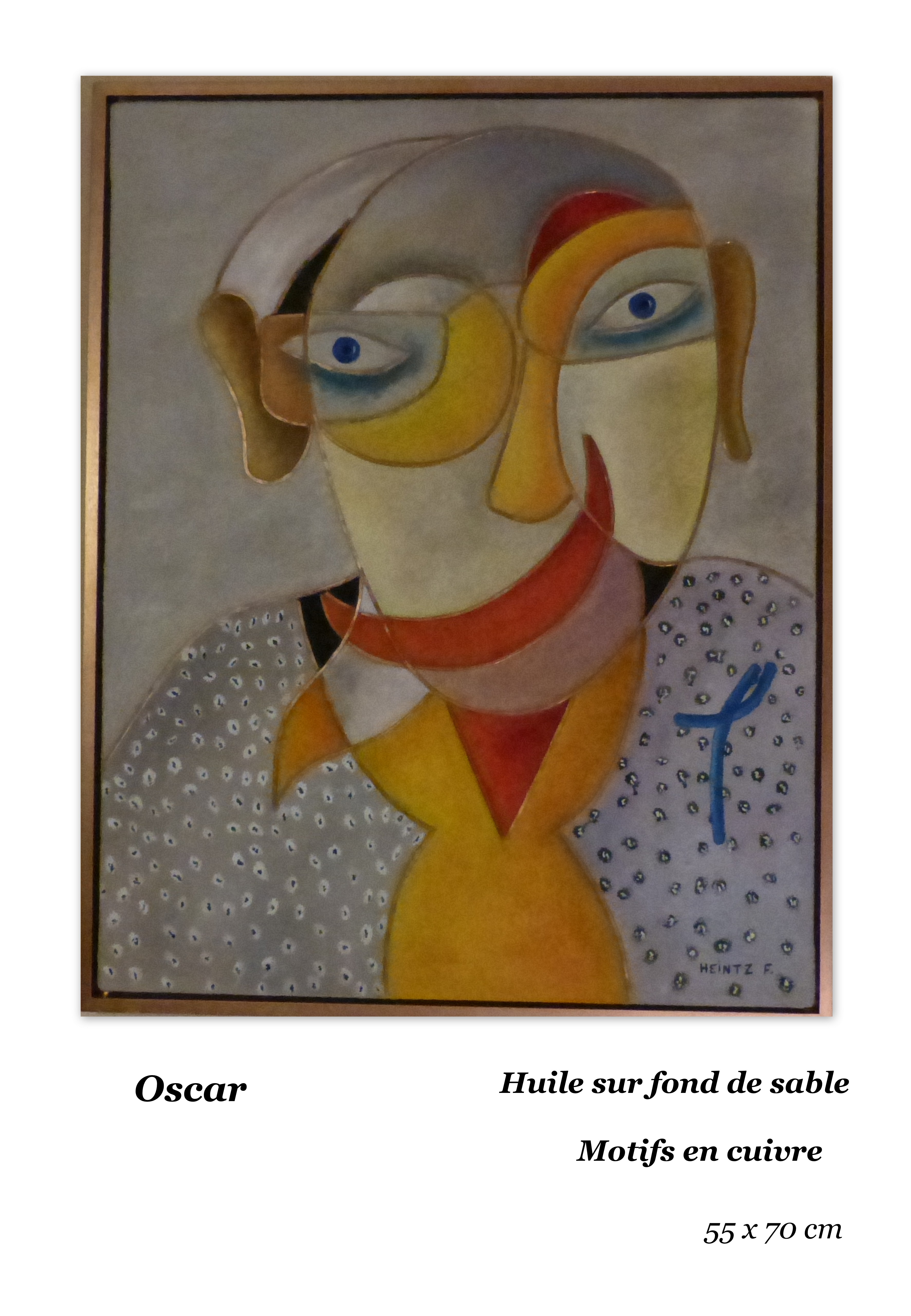 Auto-portrait. Personnage à lunettes. Couleurs dominantes: jaune - rouge  - bleu. Fond gris
