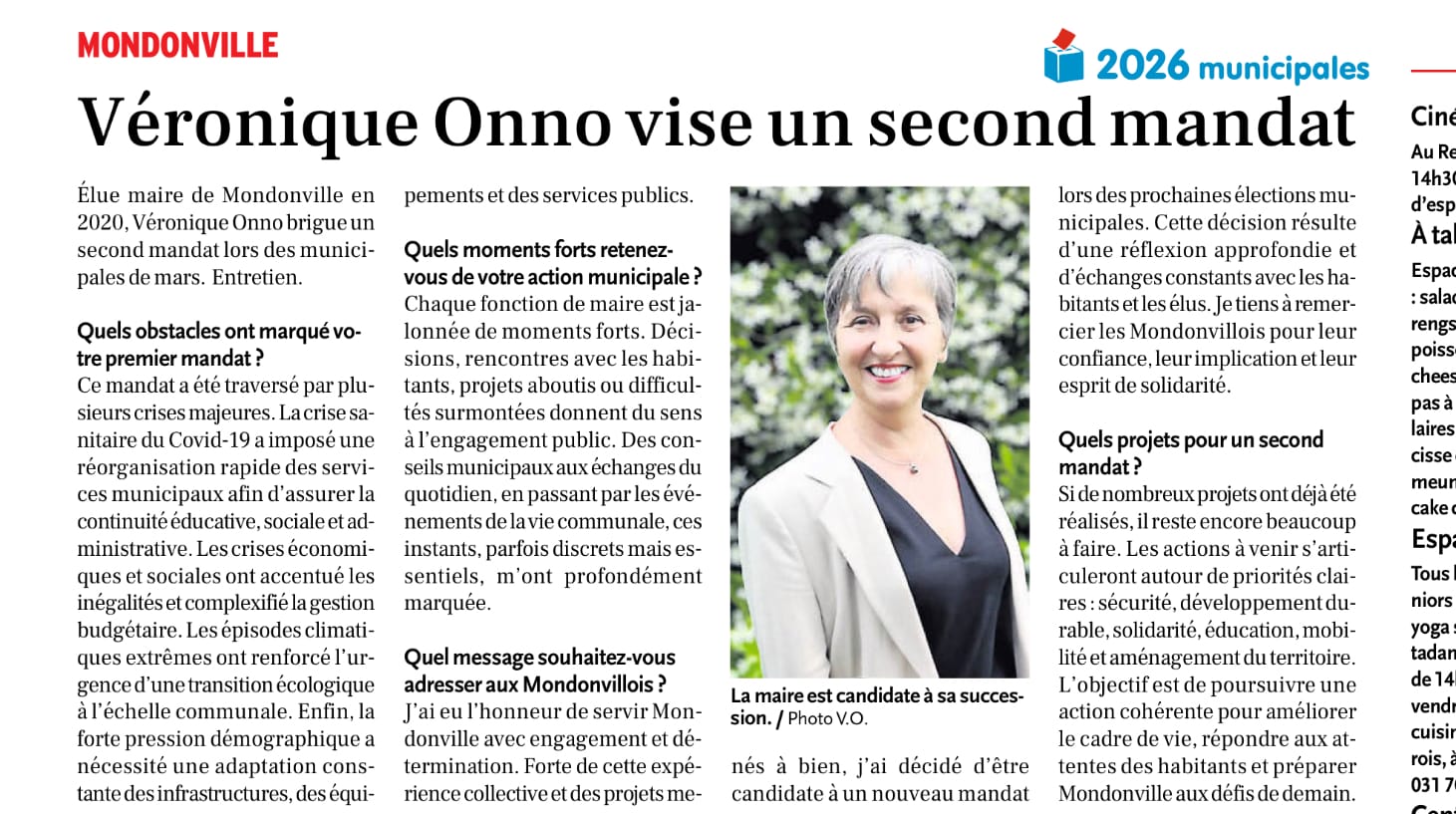 Article de la dépèche du midi sur Véronique Barraque-onno, tête de liste de Mondonville en Mouvement 2026 