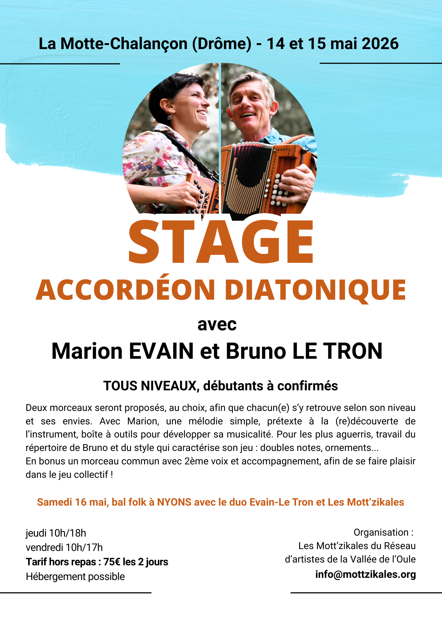 stage accordéon diatonique Drôme Marion Evain Bruno Le Tron