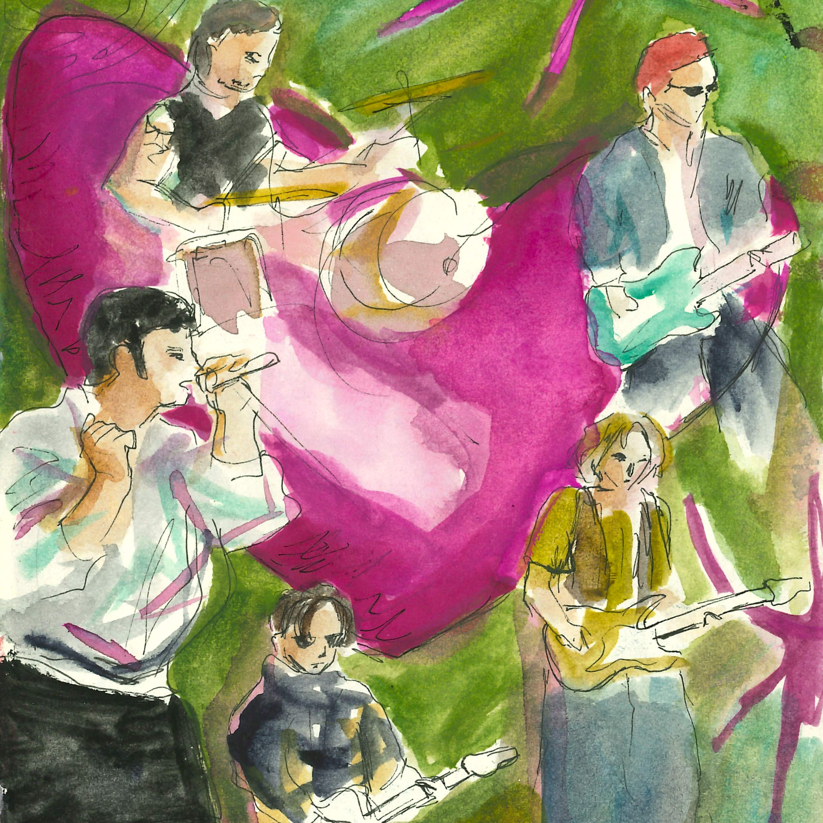 Une aquarelle d'un concert du groupe Fountaines D.C.