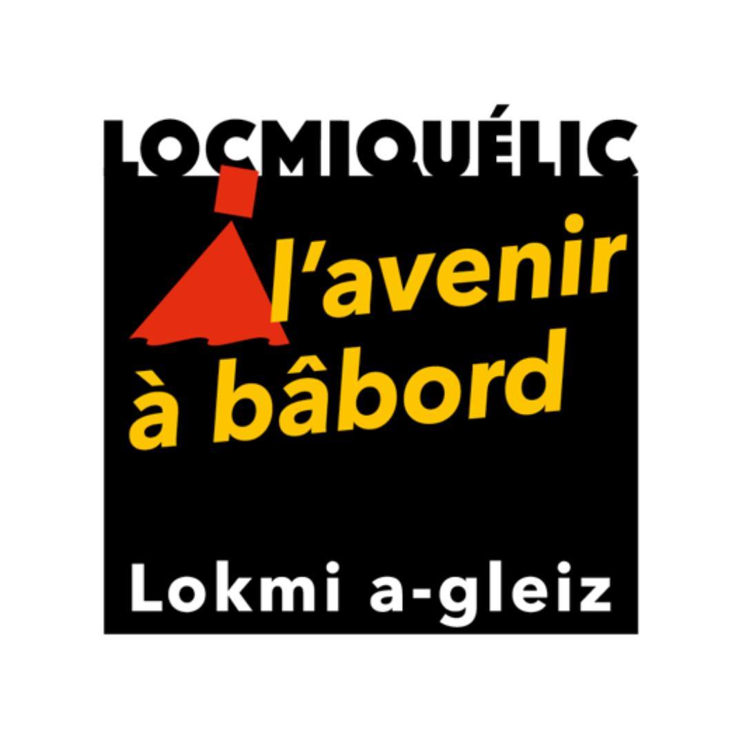 Logo de la liste :
Un fond consistant en un carré noir, il est écrit Locmiquélic en capitales noires en haut, Lokmi a-gleiz en blanc en bas du carré. Au centre du carré, une balise stylisée rouge et "l'avenir à bâbord" en italiques jaunes.