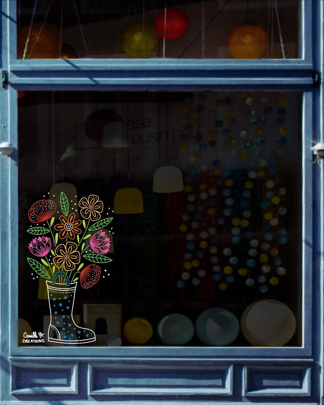Peinture sur vitrine à Paris ou dans les Yvelines pour le Printemps, dessin de botte de pluie avec des fleurs dedans