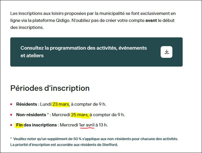 CANTON DE SHEFFORD PRINTEMPS 2026 priode d'inscriptions du 23 mars (résident.e.s) ou du 25 mars (non résident.e.s) jusqu'au 1er avril (pour tous et toutes). Tarifs : $92 taxes incluses (majoré de 50% pour les non résident.e.s)

Début des cours 13 avril 14h15 au centre MULTI FONCTIONNEL 