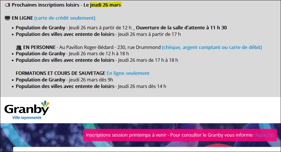 GRANBY MULTI SPORTS _ PRINTEMPS 2026 _ INSCRIPTIONS
dès JEUDI 26 mars 2026 / début des cours les 15 et 16 avril jusqu'au 10 et 11 juin 