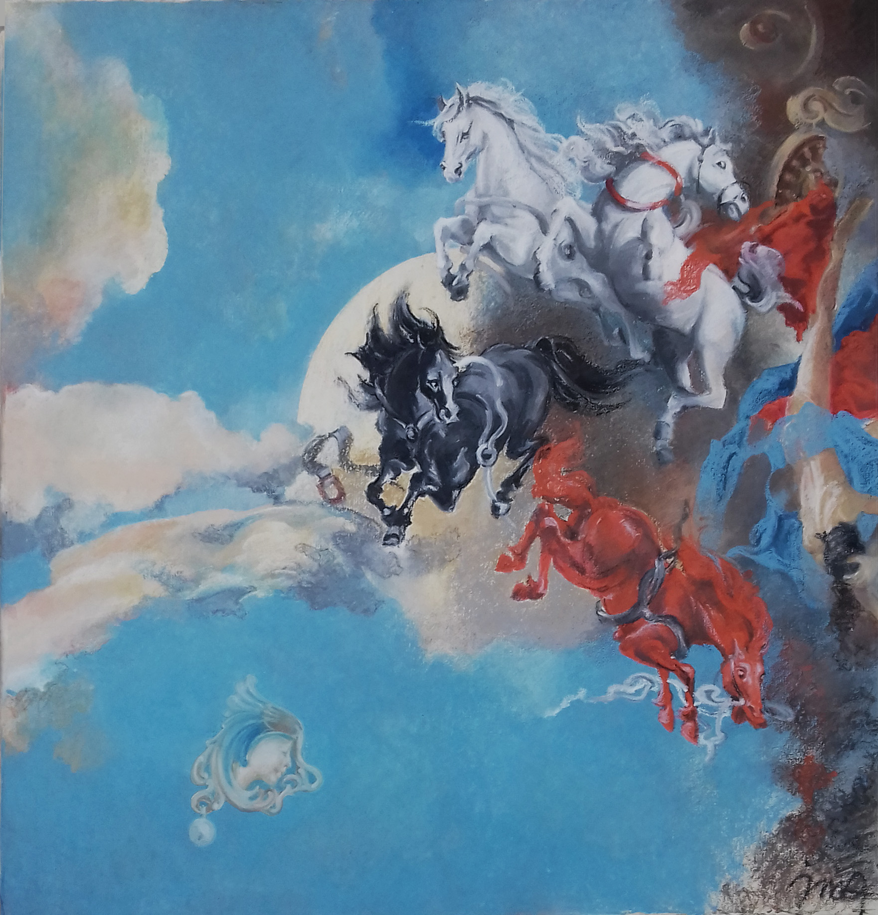 J augustyn phaeton le char de feu 80x80cm technique mixte