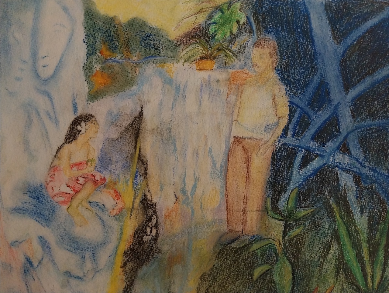 Demoulian blue vahine dim 40cm 32cm pastels