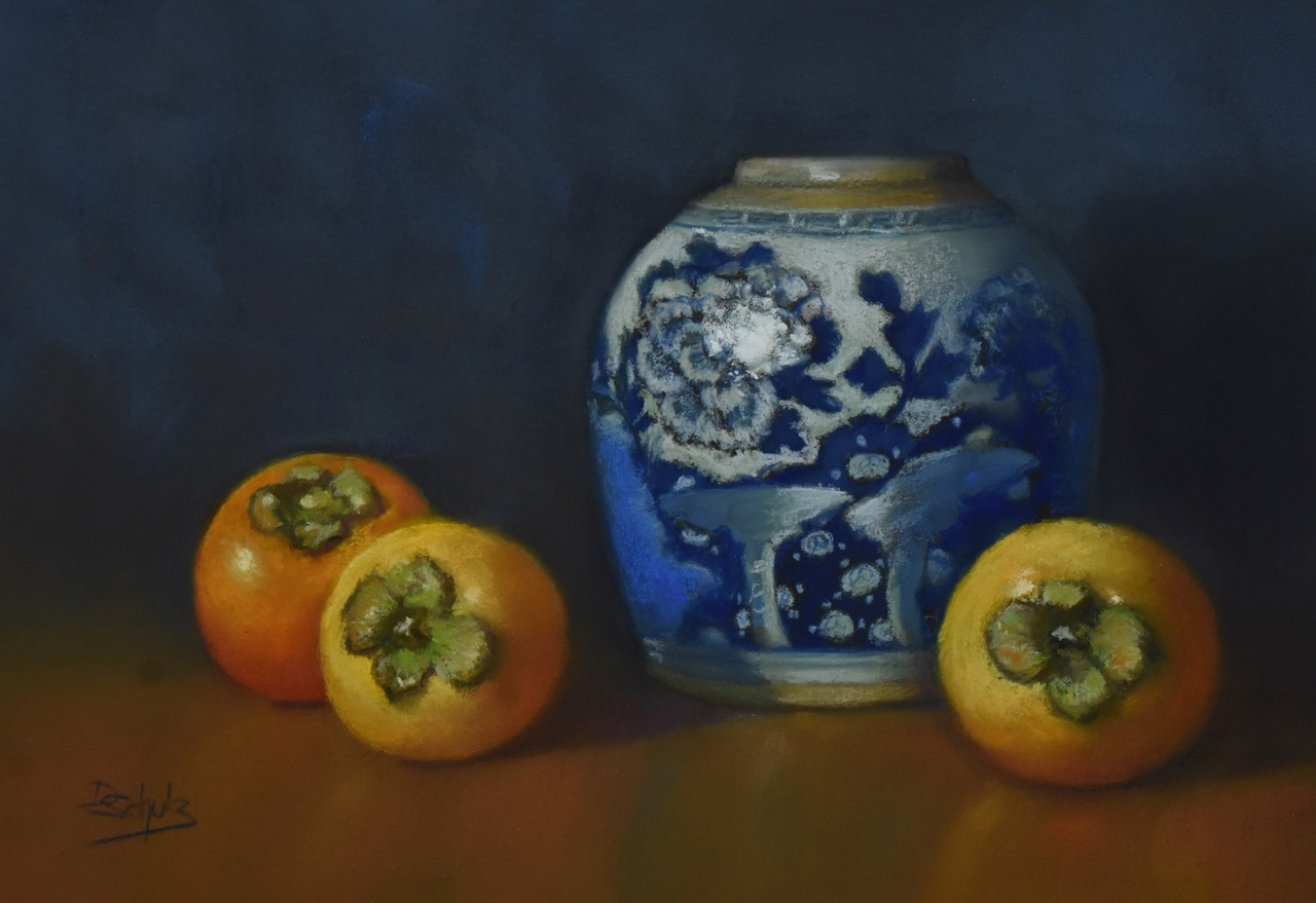 Schulz vase chinoise et kakis pastel 30x40