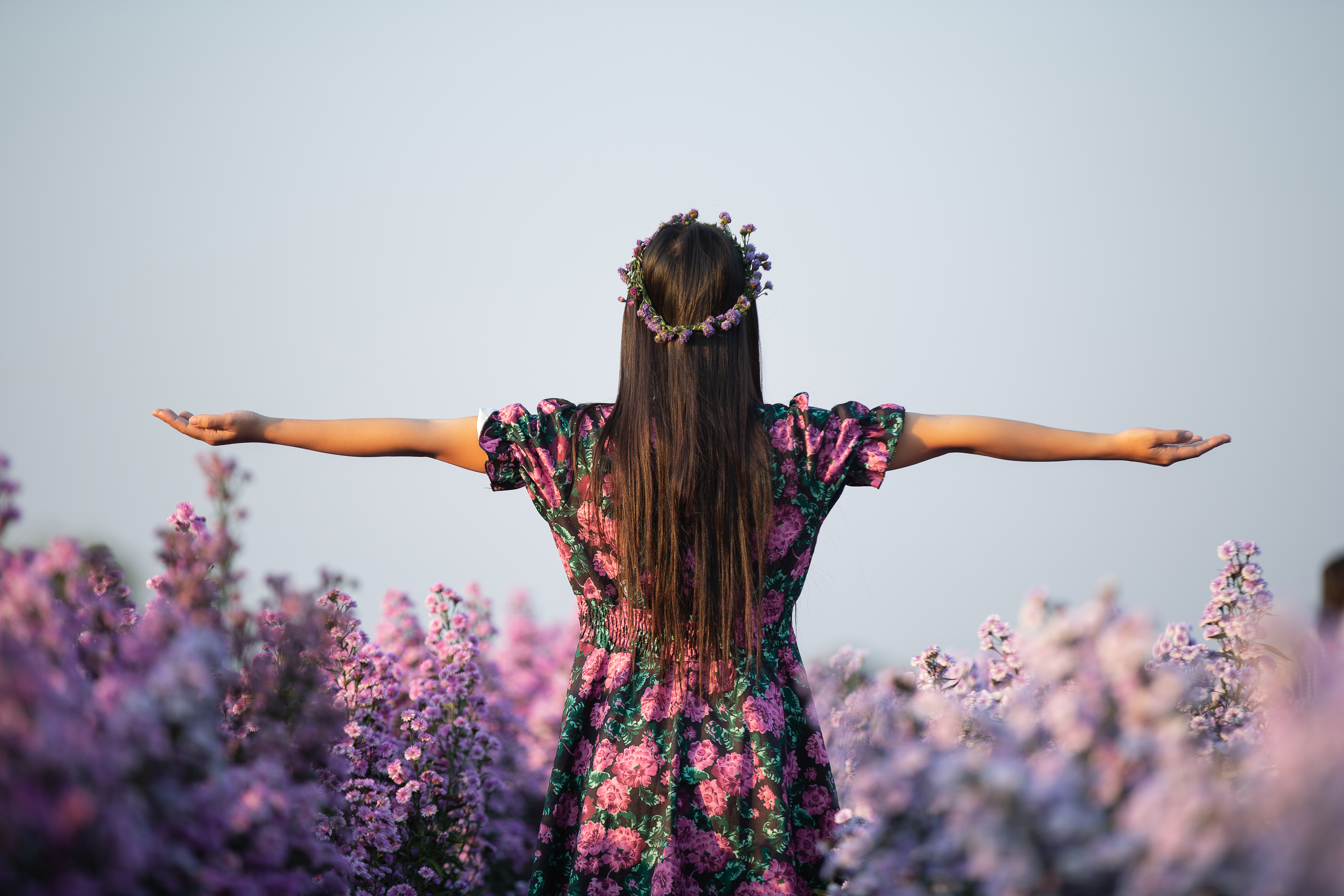 Joyfull-woman-purple-dress-purple-margaret-flower
