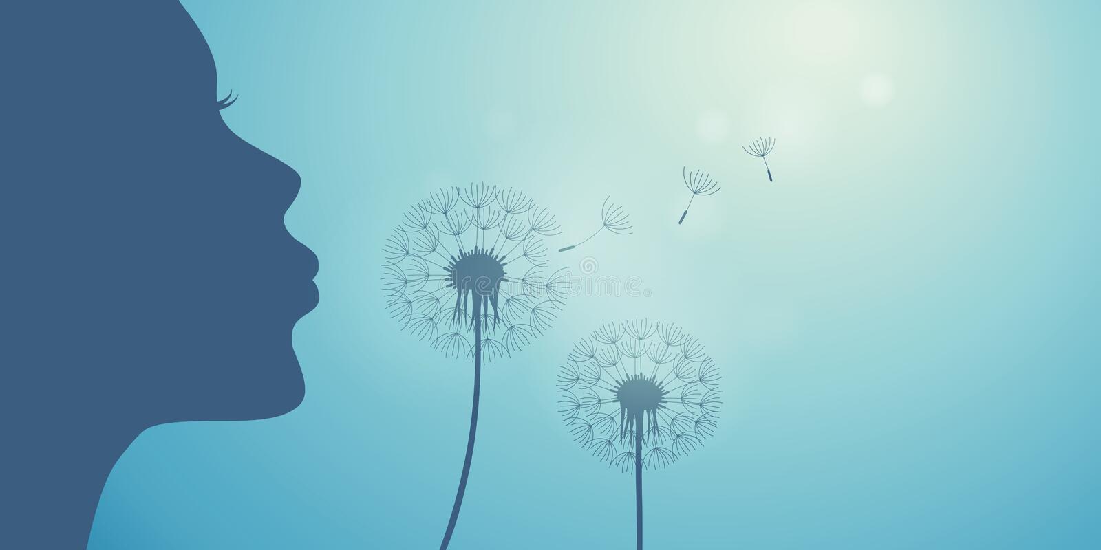 La-fille-souffle-silhouette-de-pissenlit-au-fond-ciel-bleu-sur-l-illustration-eps-vecteur-198138160